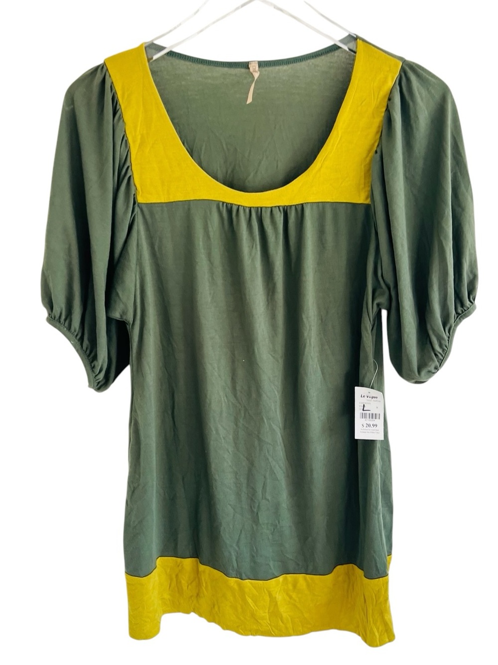 Cherish Olive & Mustard Scoop-Neck Puff Sleeve Top
